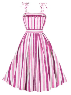 Best Retro Stage Pink 1950s Shoulder Tie Belted Stripes Dress