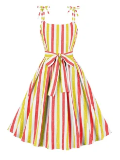 Best Retro Stage Pink 1950s Shoulder Tie Belted Stripes Dress