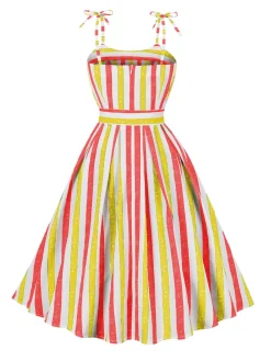 Best Retro Stage Pink 1950s Shoulder Tie Belted Stripes Dress