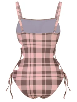 Discount Retro Stage 1950s Side Hollow Lace-Up Plaid Swimsuit Pink