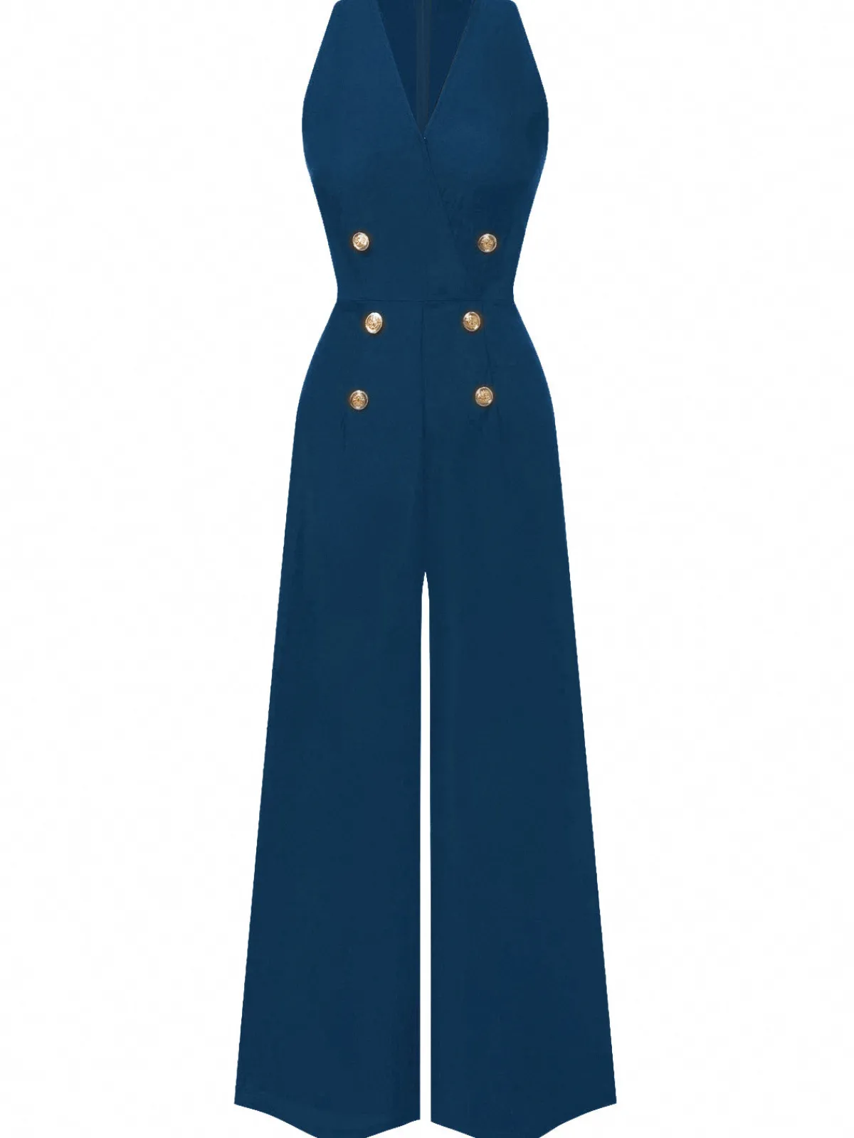 Outlet Retro Stage Pink 1950s Sleeveless Buttoned Solid Jumpsuit