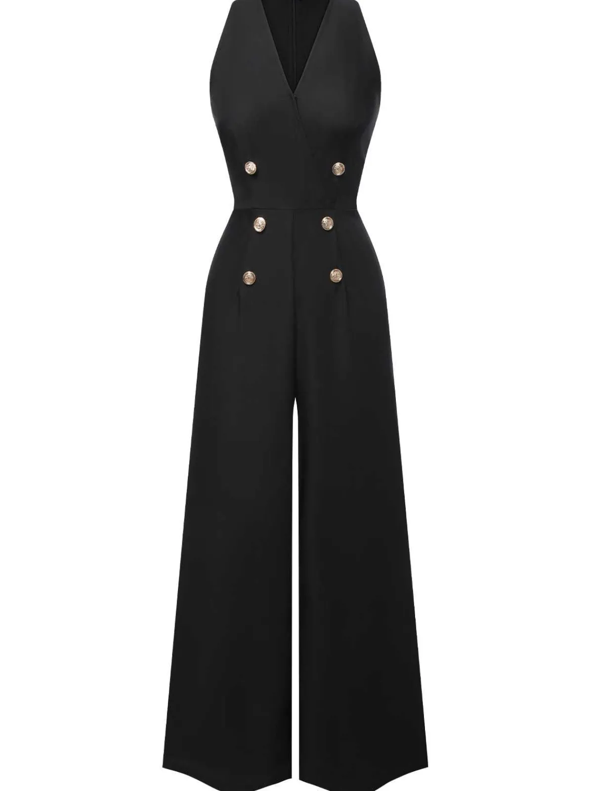 Outlet Retro Stage Pink 1950s Sleeveless Buttoned Solid Jumpsuit
