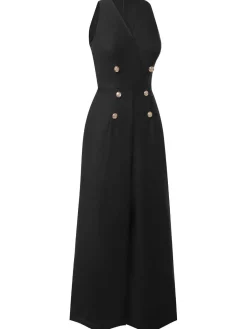 Outlet Retro Stage Pink 1950s Sleeveless Buttoned Solid Jumpsuit