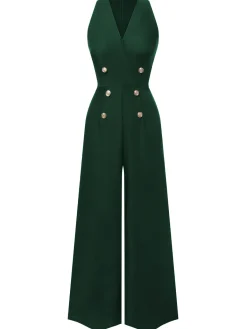 Outlet Retro Stage Pink 1950s Sleeveless Buttoned Solid Jumpsuit