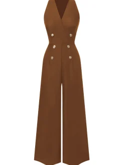 Outlet Retro Stage Pink 1950s Sleeveless Buttoned Solid Jumpsuit