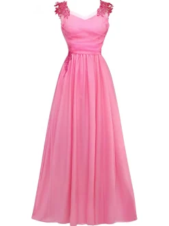 Fashion Retro Stage 1930s Solid Embroidery Chiffon Maxi Dress Pink