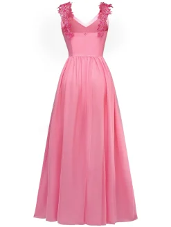Fashion Retro Stage 1930s Solid Embroidery Chiffon Maxi Dress Pink
