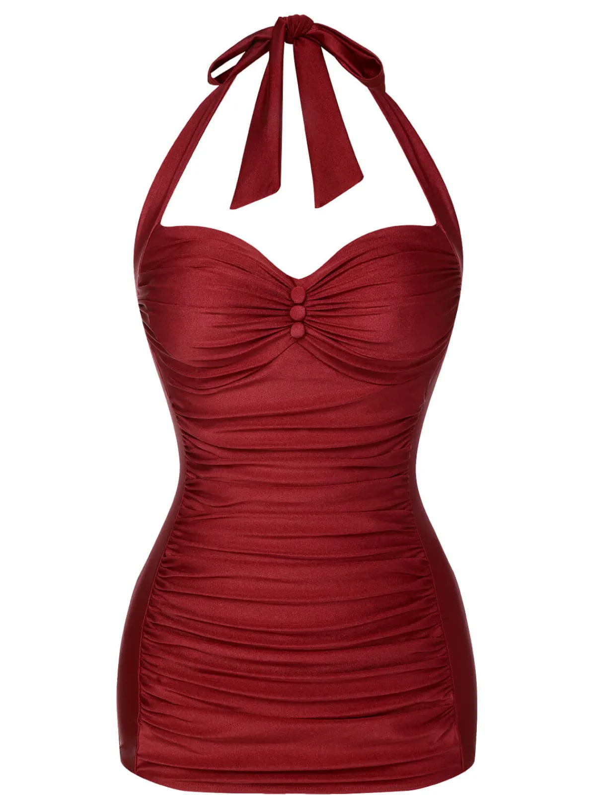 Hot Retro Stage Pink 1950s Solid Gathered Halter Swimsuit