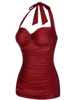 Hot Retro Stage Pink 1950s Solid Gathered Halter Swimsuit