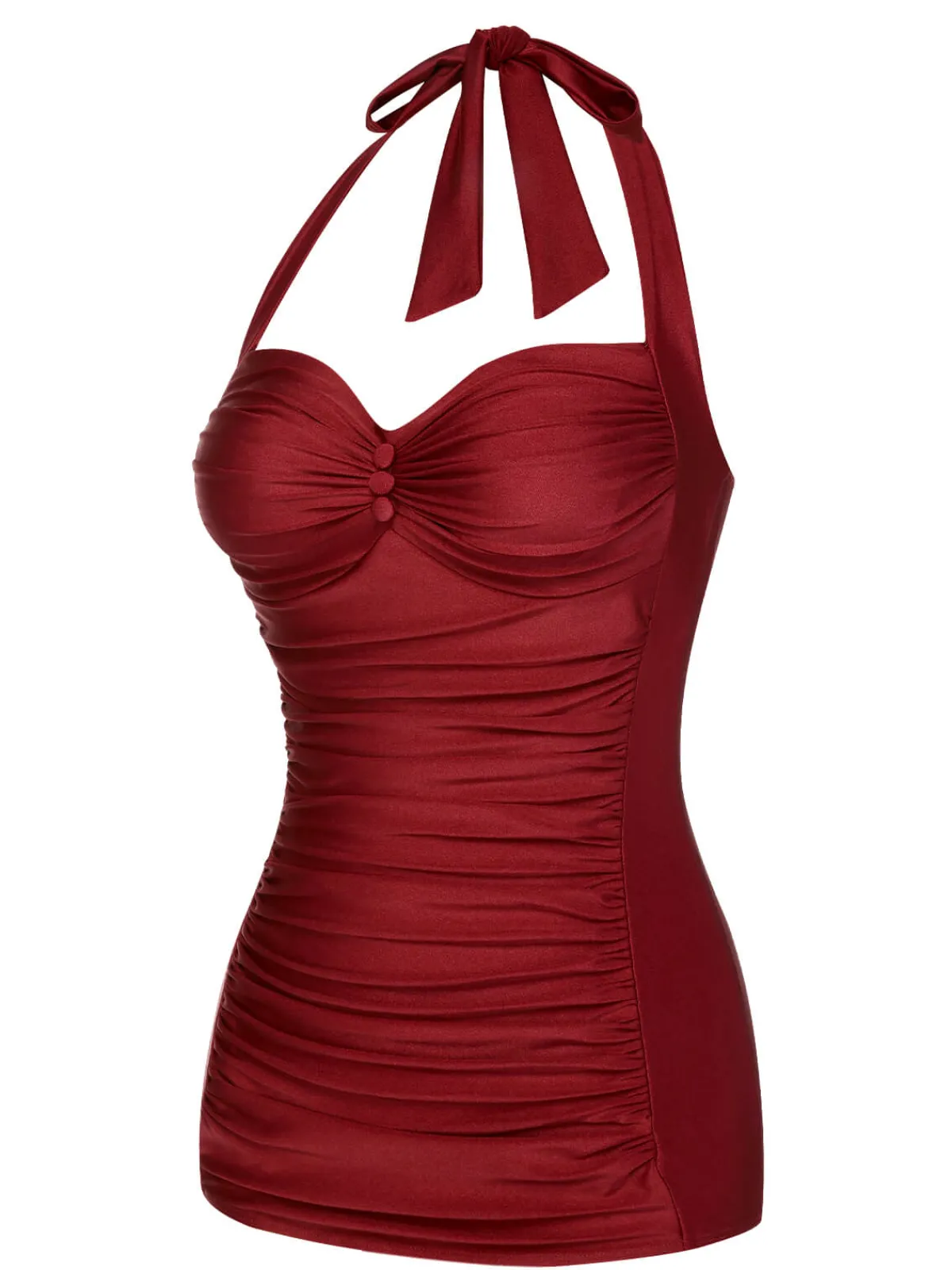 Hot Retro Stage Pink 1950s Solid Gathered Halter Swimsuit