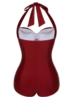 Hot Retro Stage Pink 1950s Solid Gathered Halter Swimsuit