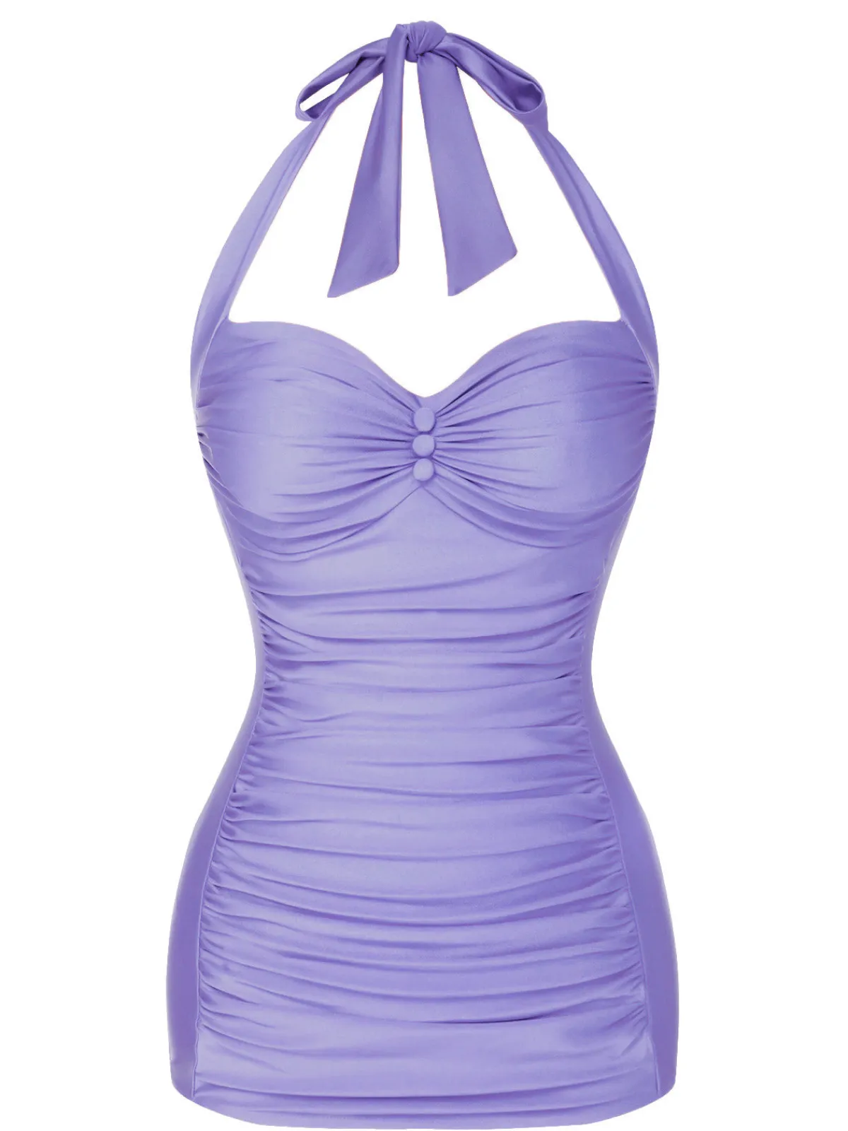 Hot Retro Stage Pink 1950s Solid Gathered Halter Swimsuit