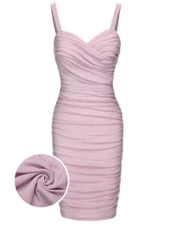 Online Retro Stage Pink 1960s Solid Glitter Pleated Strap Dress Pale Pink