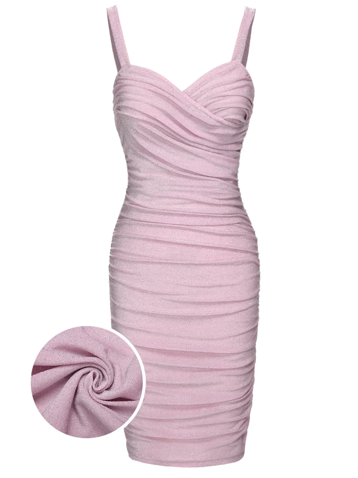 Online Retro Stage Pink 1960s Solid Glitter Pleated Strap Dress Pale Pink