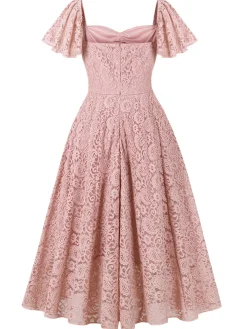 Discount Retro Stage 1950s Solid Lace Heart Collar Dress Pink