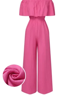 Fashion Retro Stage 1960s Solid Off-Shoulder Wideleg Jumpsuit Pink