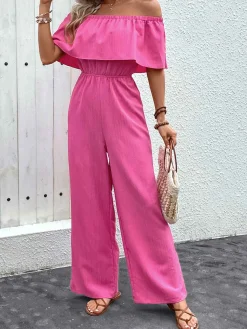 Fashion Retro Stage 1960s Solid Off-Shoulder Wideleg Jumpsuit Pink
