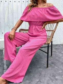 Fashion Retro Stage 1960s Solid Off-Shoulder Wideleg Jumpsuit Pink
