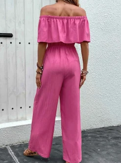 Fashion Retro Stage 1960s Solid Off-Shoulder Wideleg Jumpsuit Pink