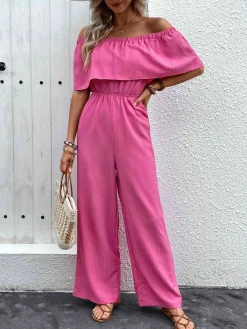 Fashion Retro Stage 1960s Solid Off-Shoulder Wideleg Jumpsuit Pink