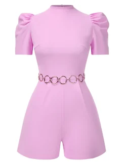 Discount Retro Stage 1950s Solid Puff Chain Belt Romper Pink