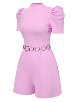 Discount Retro Stage 1950s Solid Puff Chain Belt Romper Pink