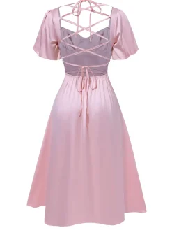 New Retro Stage 1940s Solid Puff Sleeve Tie Back Dress Pink