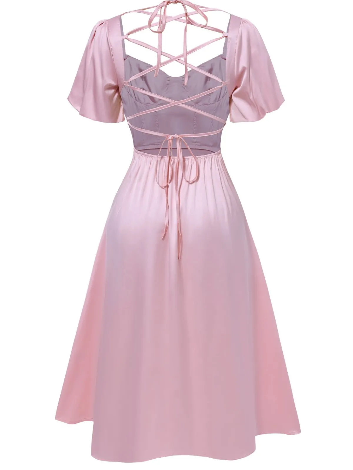 New Retro Stage 1940s Solid Puff Sleeve Tie Back Dress Pink