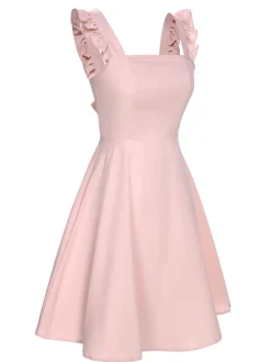 New Retro Stage 1950s Solid Ruffle Sleeveless Dress Pink