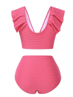 Hot Retro Stage 1940s Solid Ruffles Bow Ruched Bikini Set Pink