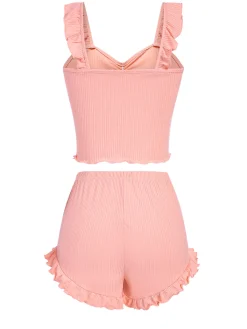Sale Retro Stage 1930s Solid Ruffles Straps Pajamas Pink