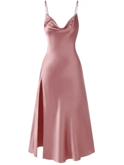 Sale Retro Stage 1930s Solid Satin Slit Suspender Nightdress Pink