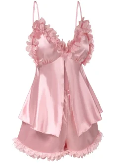 Best Retro Stage 1950s Solid Satin V-Neck 3D Floral Pajama Set Pink