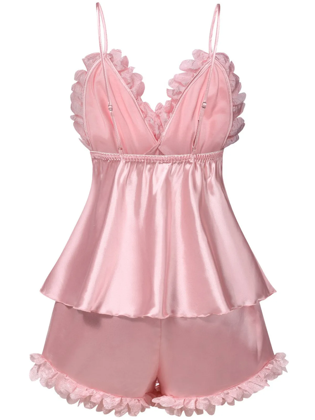 Best Retro Stage 1950s Solid Satin V-Neck 3D Floral Pajama Set Pink