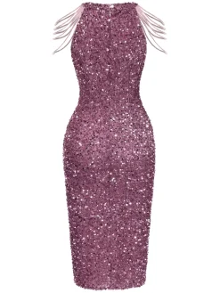 Fashion Retro Stage 1960s Solid Sequined Beaded Sleeves Dress Pink