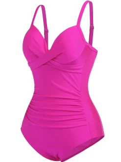 Fashion Retro Stage 1960s Solid Spaghetti Strap Swimsuit Pink