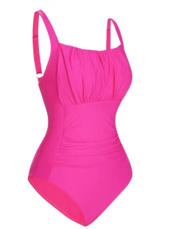 Hot Retro Stage 1940s Solid Wrinkle Strap Swimsuit Pink