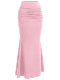 Fashion Retro Stage Pink 1930s Solid Wrinkles Fishtail Skirt Pale Pink