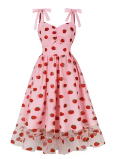 Hot Retro Stage 1950s Spaghetti Strap Bow Strawberry Dress Pink