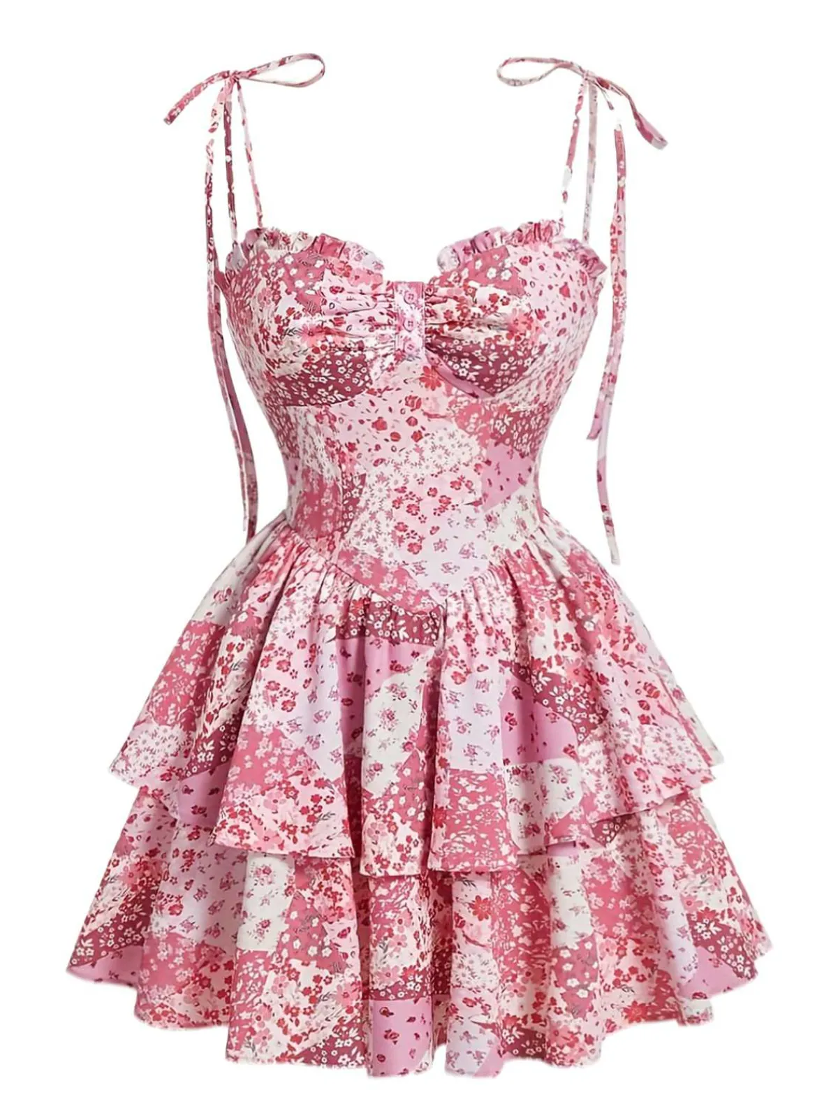 Fashion Retro Stage 1980s Spaghetti Strap Ditsy Floral Tiered Dress Pink