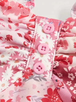 Fashion Retro Stage 1980s Spaghetti Strap Ditsy Floral Tiered Dress Pink