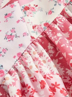 Fashion Retro Stage 1980s Spaghetti Strap Ditsy Floral Tiered Dress Pink