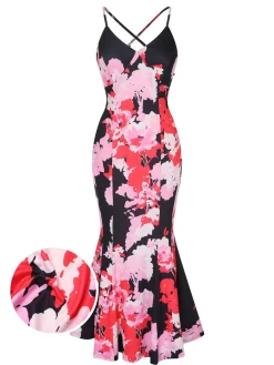 Discount Retro Stage 1930s Spaghetti Strap Floral Mermaid Dress Pink