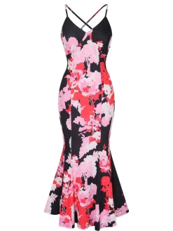 Discount Retro Stage 1930s Spaghetti Strap Floral Mermaid Dress Pink