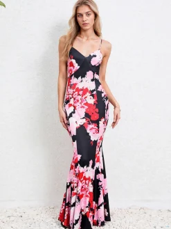 Discount Retro Stage 1930s Spaghetti Strap Floral Mermaid Dress Pink