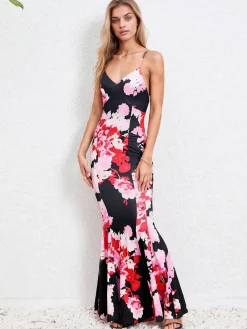 Discount Retro Stage 1930s Spaghetti Strap Floral Mermaid Dress Pink