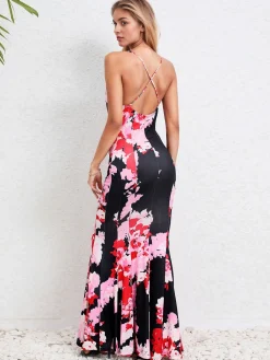 Discount Retro Stage 1930s Spaghetti Strap Floral Mermaid Dress Pink