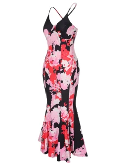 Discount Retro Stage 1930s Spaghetti Strap Floral Mermaid Dress Pink