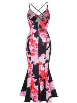 Discount Retro Stage 1930s Spaghetti Strap Floral Mermaid Dress Pink