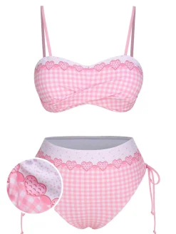 Fashion Retro Stage 1950s Spaghetti Strap Heart Plaids Swimsuit Pink